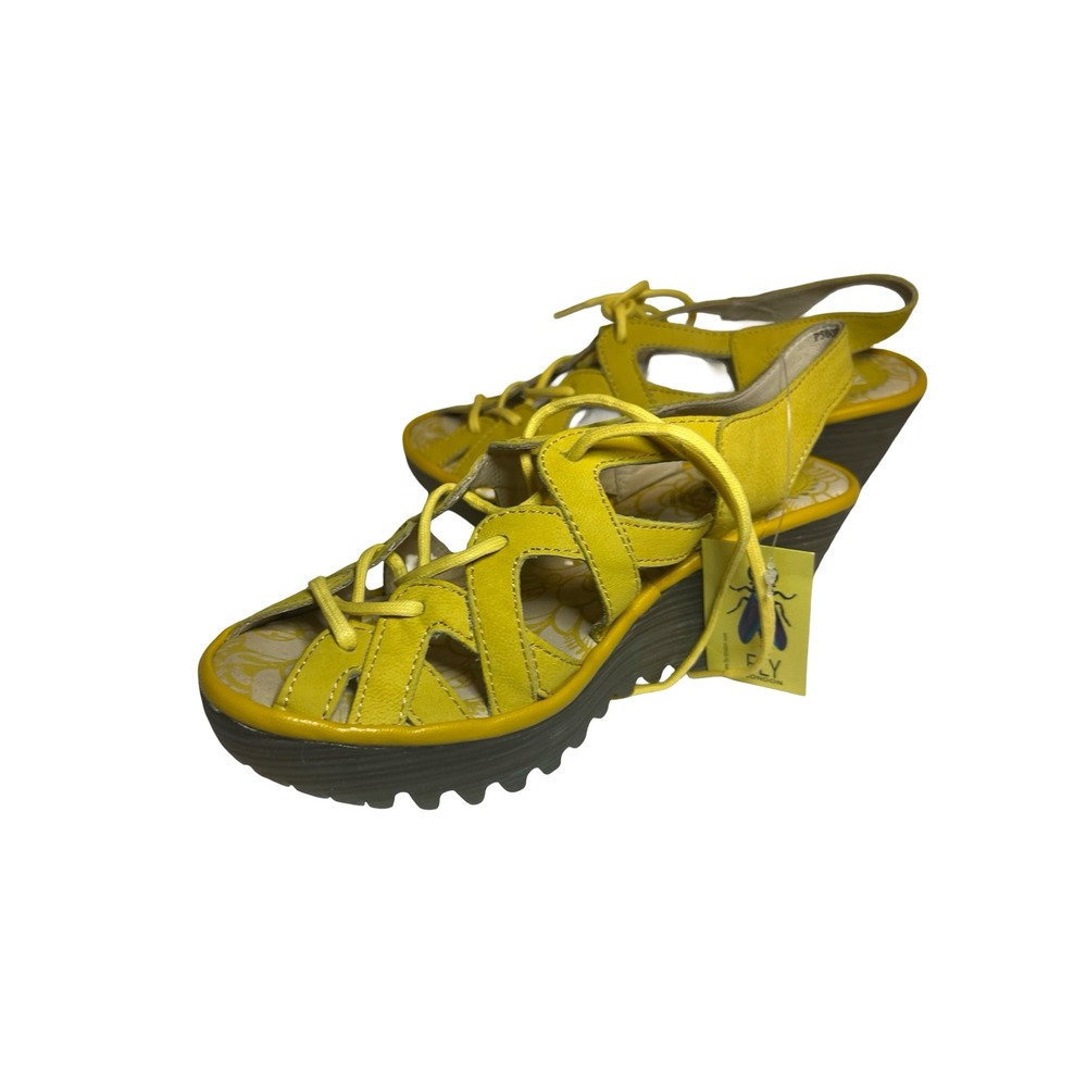 Fly London Yasi Yellow Leather Lace Up Wedge Sandals Womens 37 P500749001